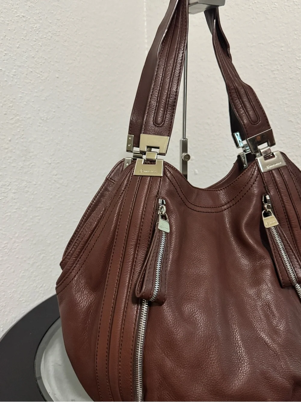 b. makowsky Chocolate Brown Pebbled Leather Hobo